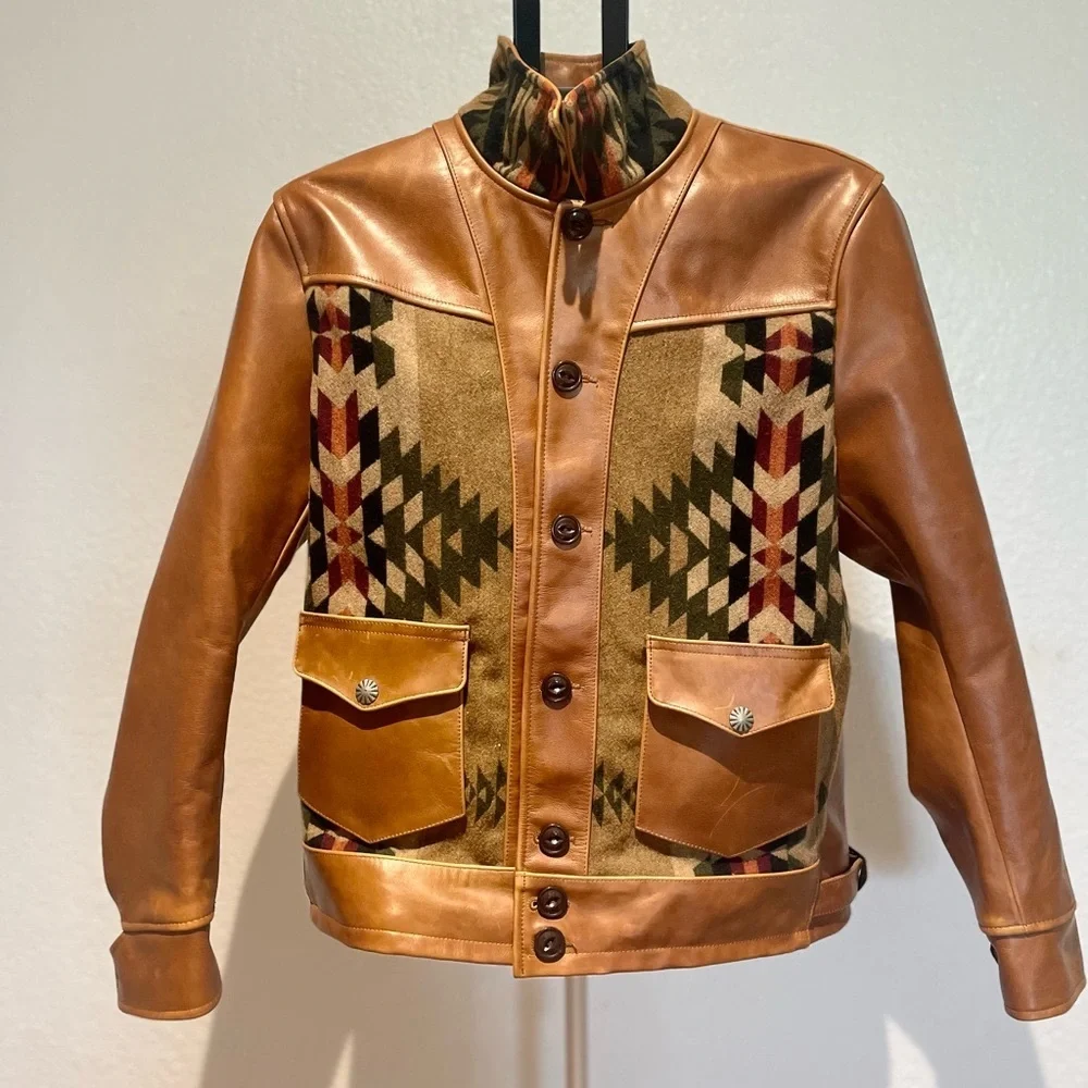 Men's Tan Leather & Patterned Wool Panel Jacket